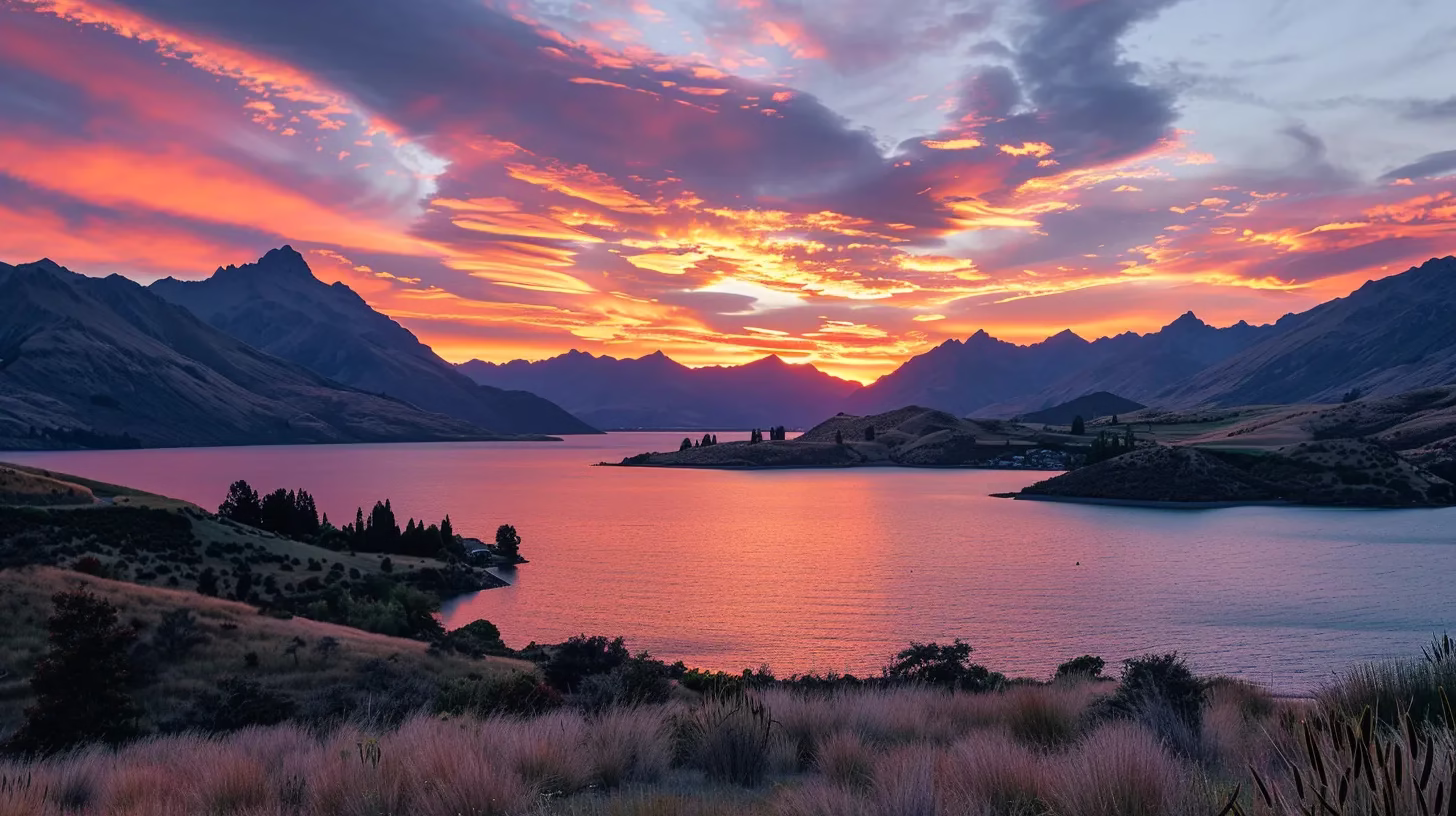 Benefits of Adding an Indoor Water Fall to Your Home 2 a breathtaking sunset casts vibrant hues of orange and pink over a serene lake, with silhouetted mountains rising majestically in the background.