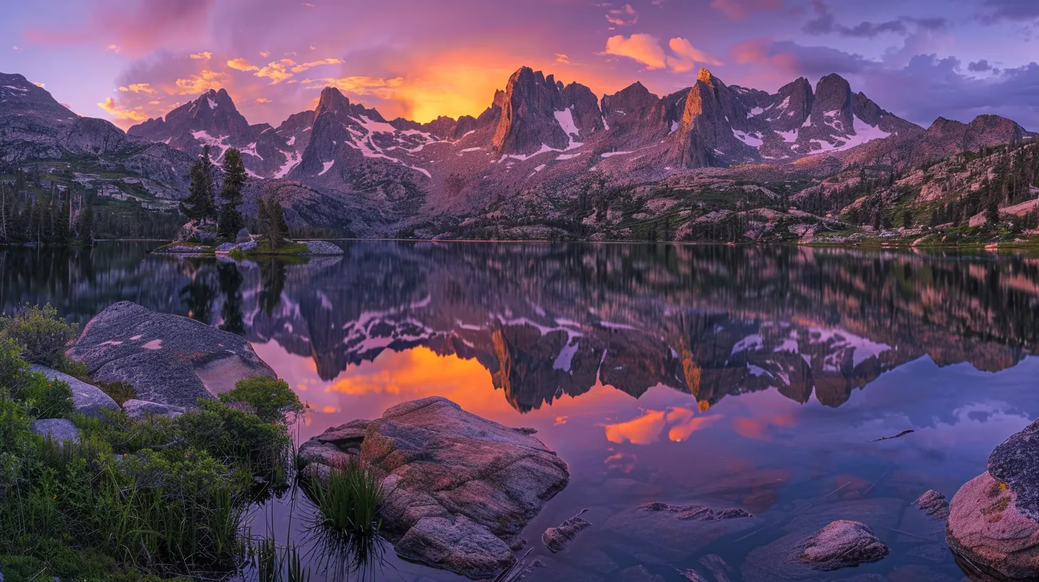 Elevate Your Decor With a Captivating Floor Waterfall 1 a breathtaking sunset casts vibrant hues of orange and purple across a tranquil lake, surrounded by majestic mountains reflecting in the water's still surface.