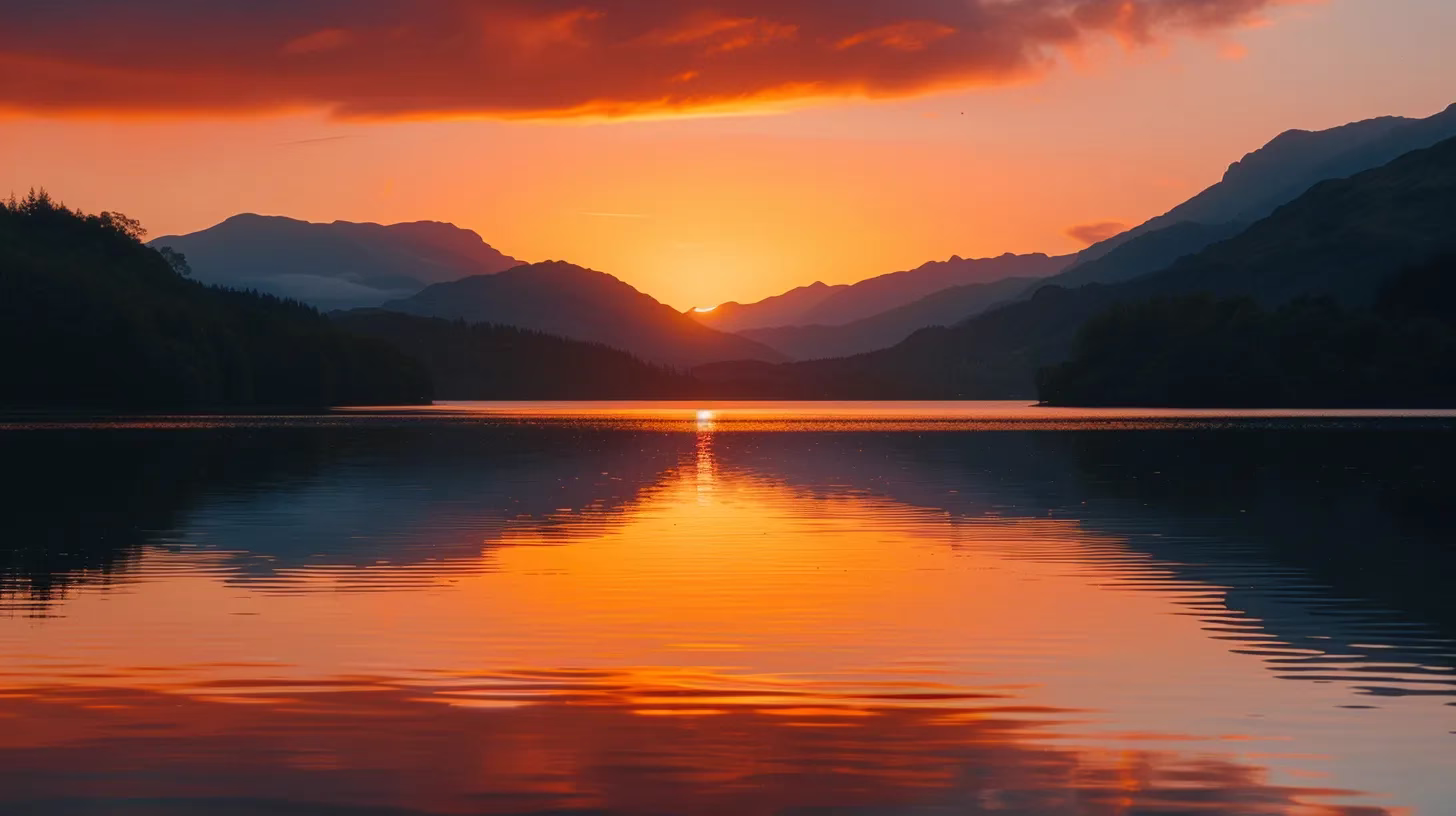 Creating Calm: The Benefits of a Desk Waterfall 5 a breathtaking sunset casts vibrant hues of orange and pink across a tranquil lake, reflecting the dramatic silhouettes of surrounding mountains under a clear, expansive sky.