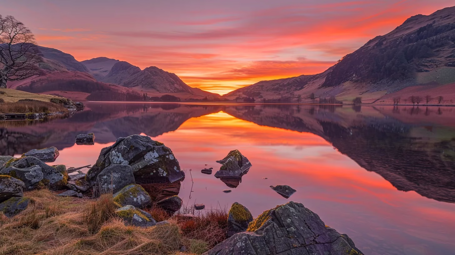 Transform Your Space With Freestanding Fountains 6 a breathtaking sunset casts vibrant hues of orange and pink across a tranquil lake, reflecting the serene mountains in the background under a clear sky.