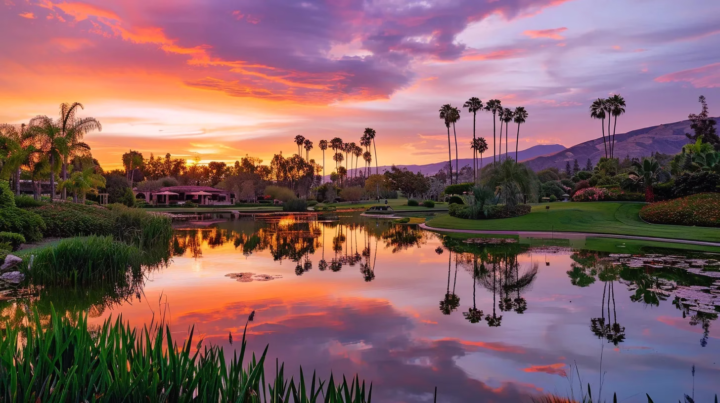 Discover Charming Water Fountains Near Your Location 5 a breathtaking sunset casts vibrant hues of orange and purple over a tranquil lake, reflecting the colorful sky and surrounding lush greenery in perfect symmetry.