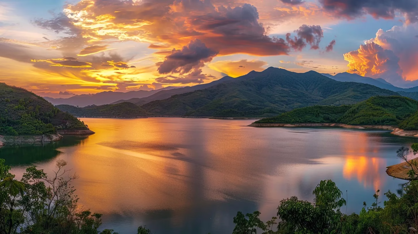 How to Position an Inside Water Fountain Effectively 5 a breathtaking sunset casts warm golden hues over a tranquil lake, reflecting the vibrant colors of the sky amidst serene, lush greenery.