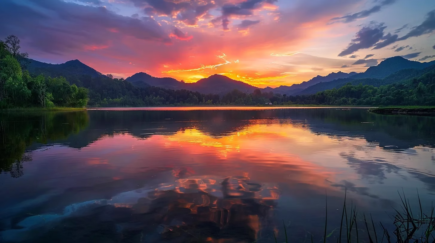 Seasonal Pool Water Care for Optimal Results 3 a breathtaking sunset illuminates a tranquil lake, surrounded by lush green forests and majestic mountains, reflecting vibrant hues of orange and pink in the water below.