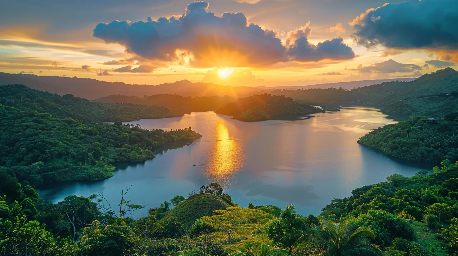 Understanding the Beauty of Rock Water Formations 2 a breathtaking sunset illuminates a serene landscape, where vibrant orange and pink hues reflect off a tranquil lake surrounded by lush, verdant hills.
