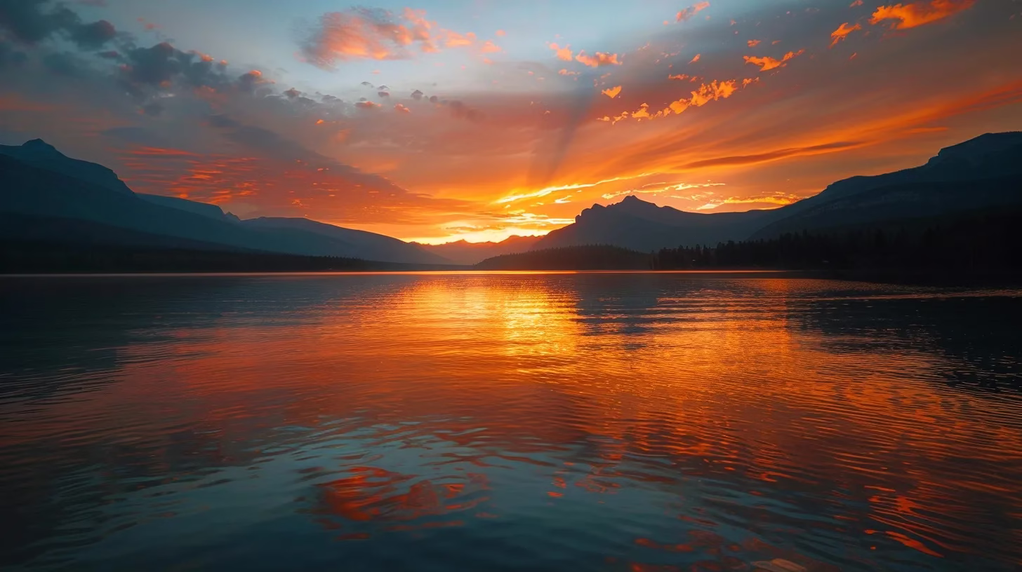 Plan Your Perfect Casino Tour With These Tips 2 a breathtaking sunset illuminates a tranquil lake, casting vibrant hues of orange and pink across the water while majestic mountains stand silhouetted in the background.
