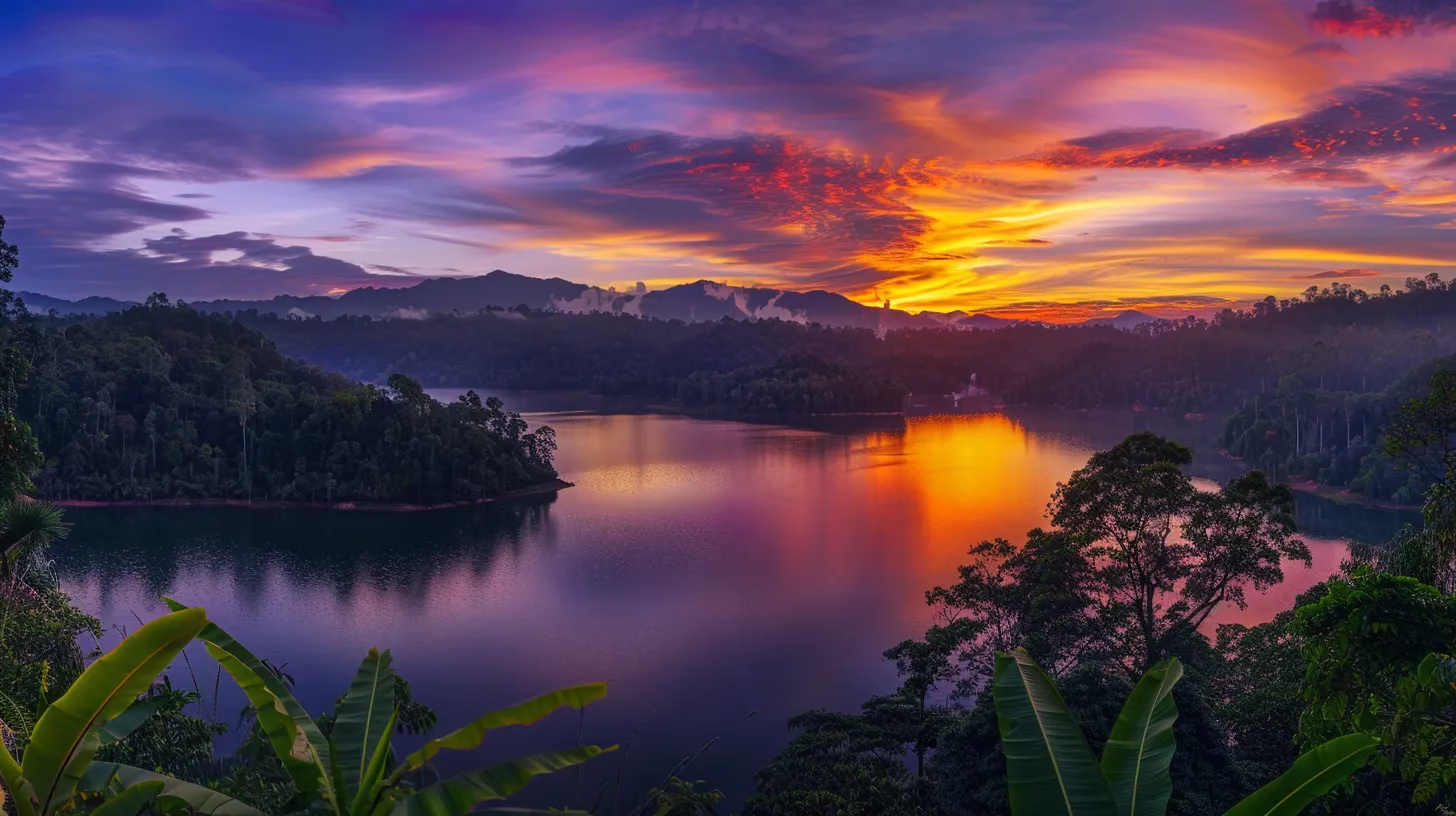 Ways to Feature Indoor Lighting for Stunning Effects 6 a breathtaking sunset illuminates a serene mountain landscape, with vibrant hues of orange and purple reflecting off a tranquil lake surrounded by lush greenery.