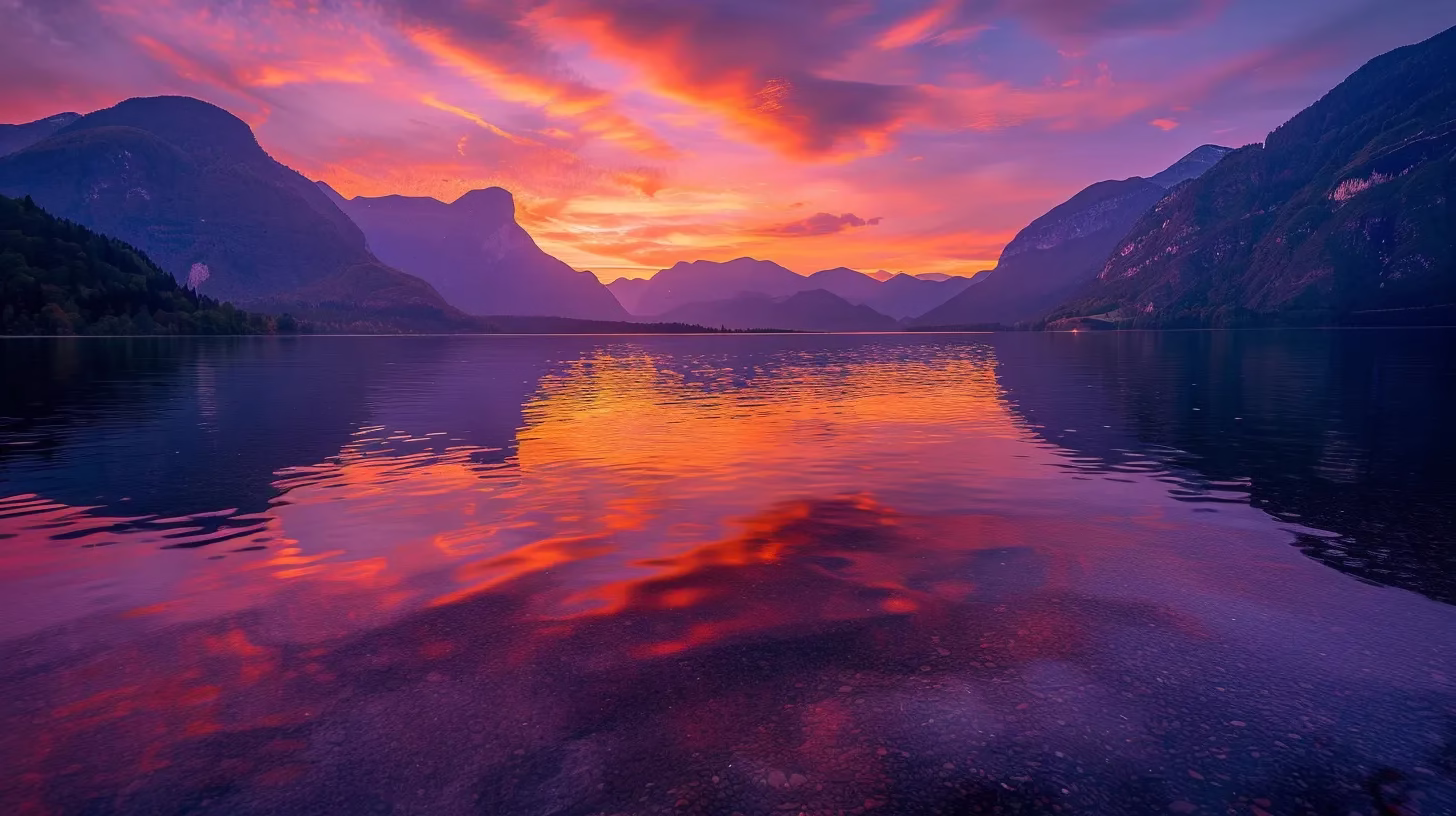 Find Great Deals Near Me for Sale Today 6 a breathtaking sunset illuminates a tranquil lake surrounded by majestic mountains, casting vibrant orange and purple reflections across the still water.