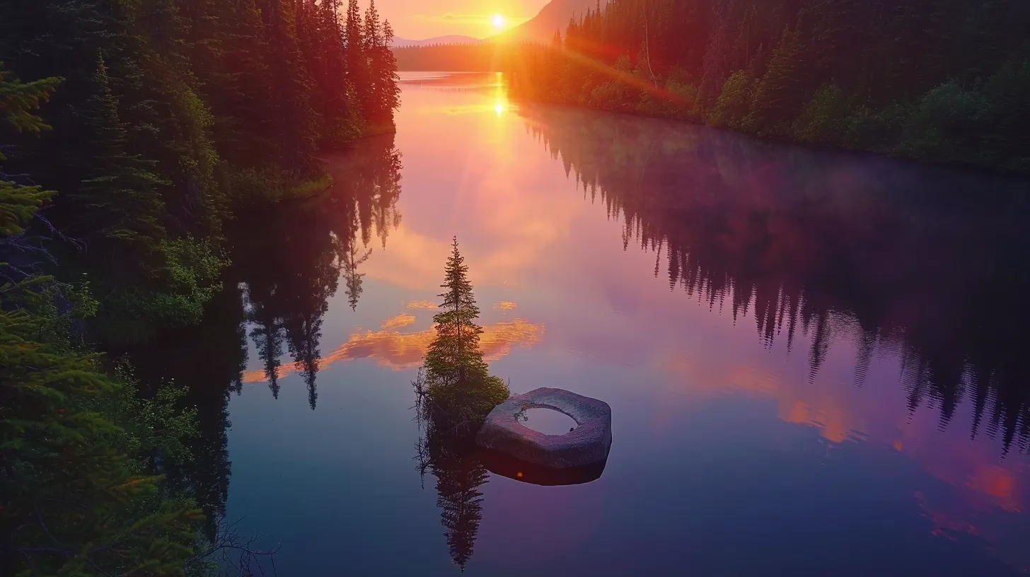 How an Interior Fountain Enhances Home Design 4 a breathtaking sunset illuminates a serene lake, casting vibrant reflections of fiery oranges and deep purples across the water's surface, surrounded by lush, green forests on either side.