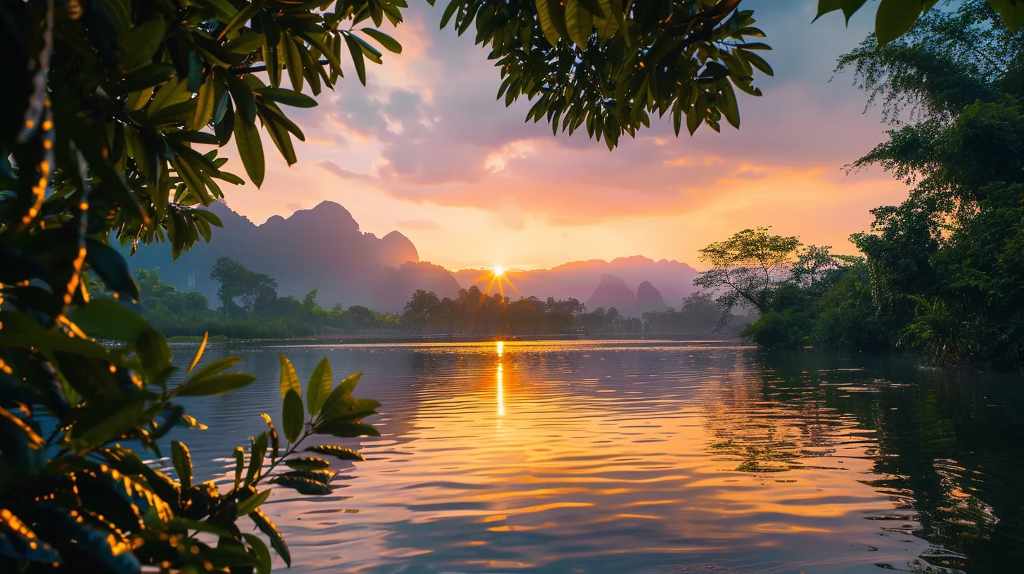 Elements to Consider for a Custom Hanging Water Feature 6 a breathtaking sunset over a tranquil lake, with vibrant hues of orange and pink reflecting on the water's surface, framed by lush greenery and distant, misty mountains.