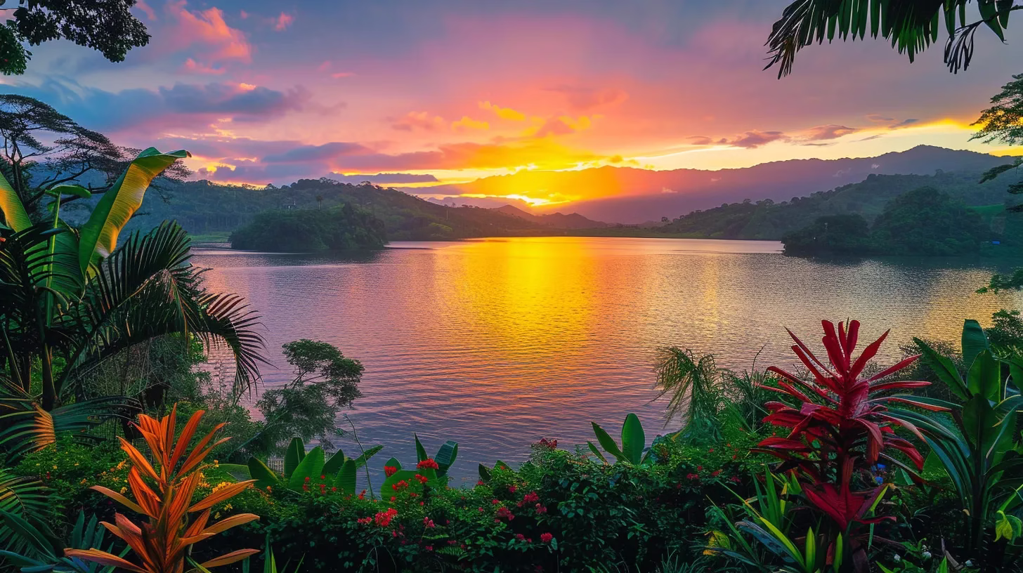 Indoor Tabletop Arrangement Ideas to Inspire You 5 a breathtaking sunset over a serene lake, with vibrant hues of orange and pink reflecting on the water's surface, framed by lush greenery and distant mountains under a softly glowing sky.
