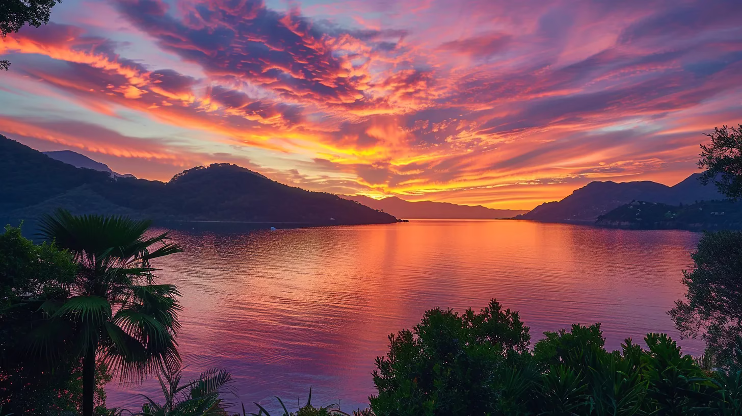 How to Choose the Right Material for Your Exterior Wall 5 a breathtaking sunset over a tranquil lake, with vibrant hues of orange and pink reflecting on the glassy water, framed by lush, green trees silhouetted against the colorful sky.