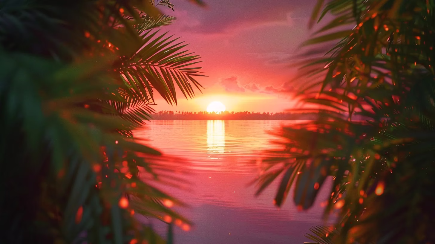 Discover Quality Discount Outdoor Products Available Now 4 a breathtaking sunset over a tranquil lake reflects vibrant hues of orange and pink, framed by lush greenery that creates a serene and captivating atmosphere.