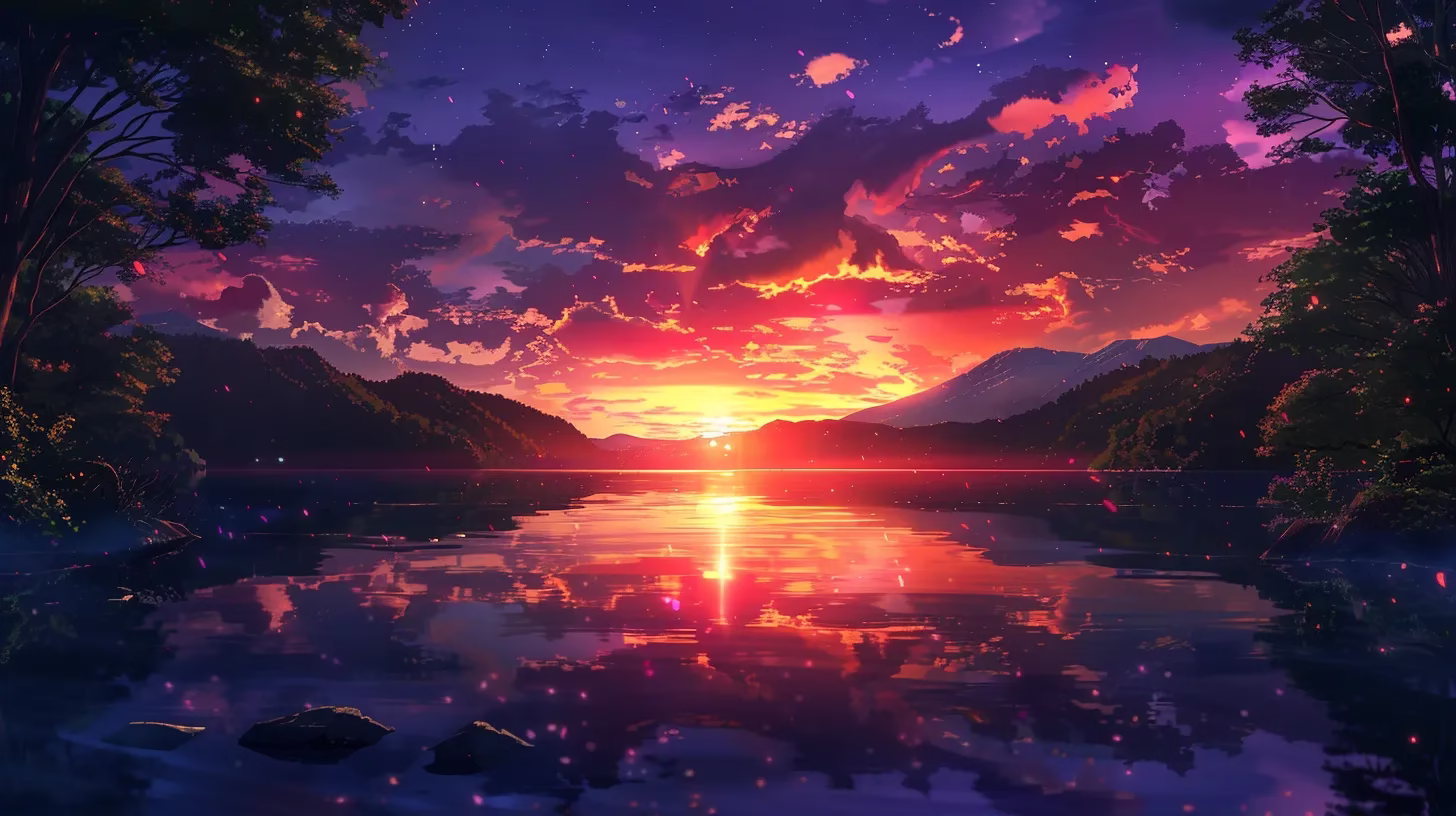Bringing Tranquility Home With LED Water Bubble Displays 1 a breathtaking sunset over a tranquil lake reflects vibrant hues of orange and purple, surrounded by towering mountains silhouetted against the fading light.