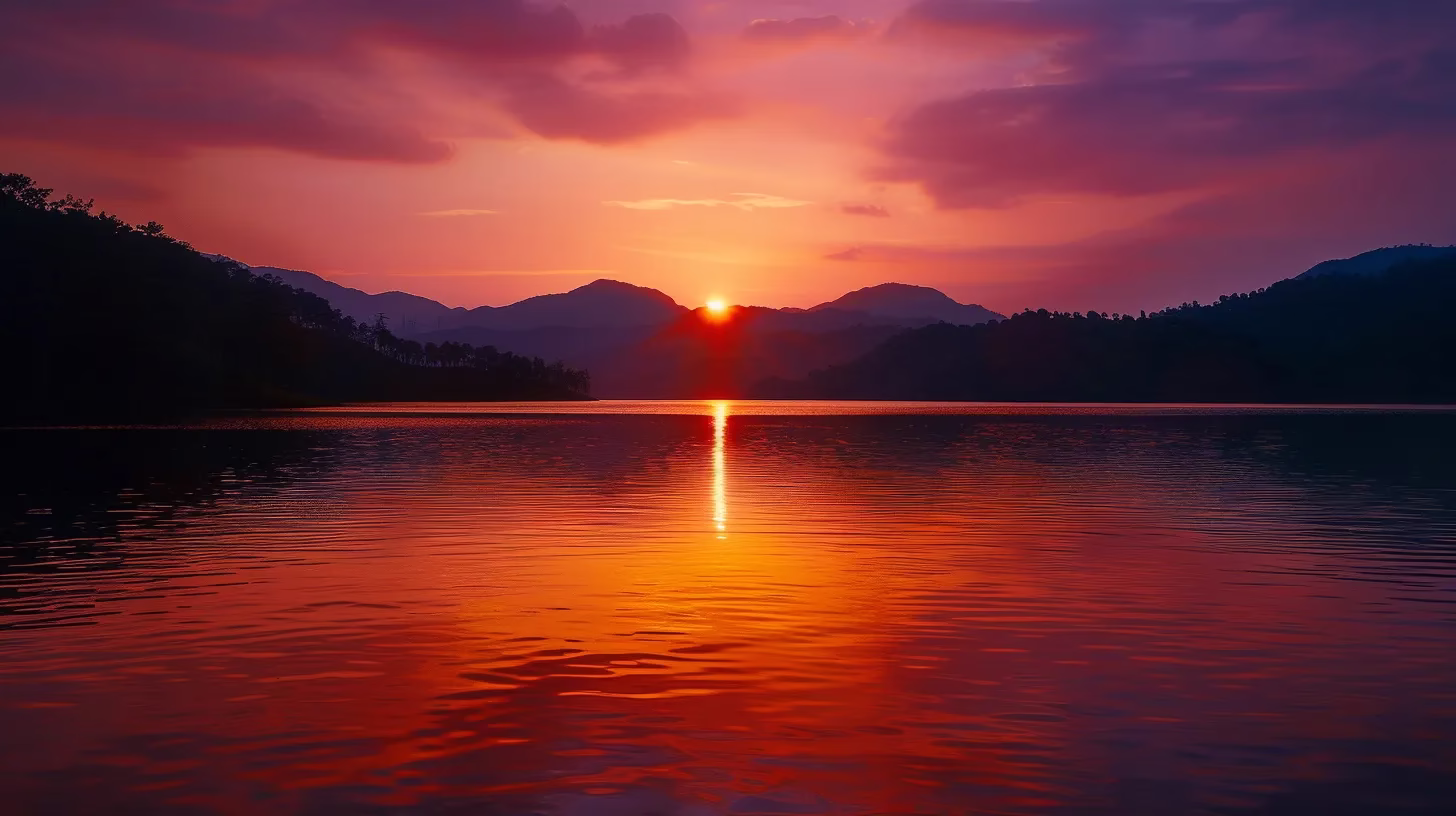 Plan Your Perfect Casino Tour With These Tips 4 a breathtaking sunset over a serene lake, with vibrant orange and pink hues reflecting off the water's surface, surrounded by silhouetted mountains.