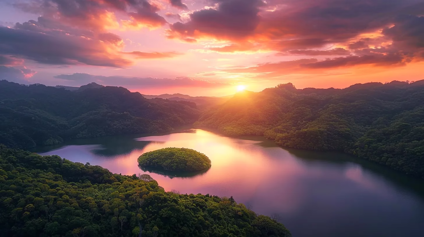 Enhance Your Garden With Stone Water Features 5 a breathtaking sunset paints the sky in vibrant hues of orange and pink, casting a golden glow over a tranquil lake surrounded by lush, green mountains.