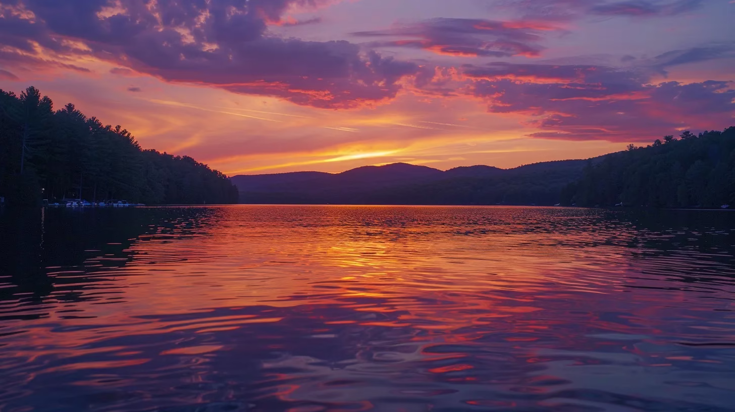 Transform Your Space With an Outdoor Bubble Experience 5 a breathtaking sunset paints the sky in fiery oranges and purples over a serene lake, reflecting vibrant colors on the calm water's surface, with silhouettes of majestic mountains framing the horizon.