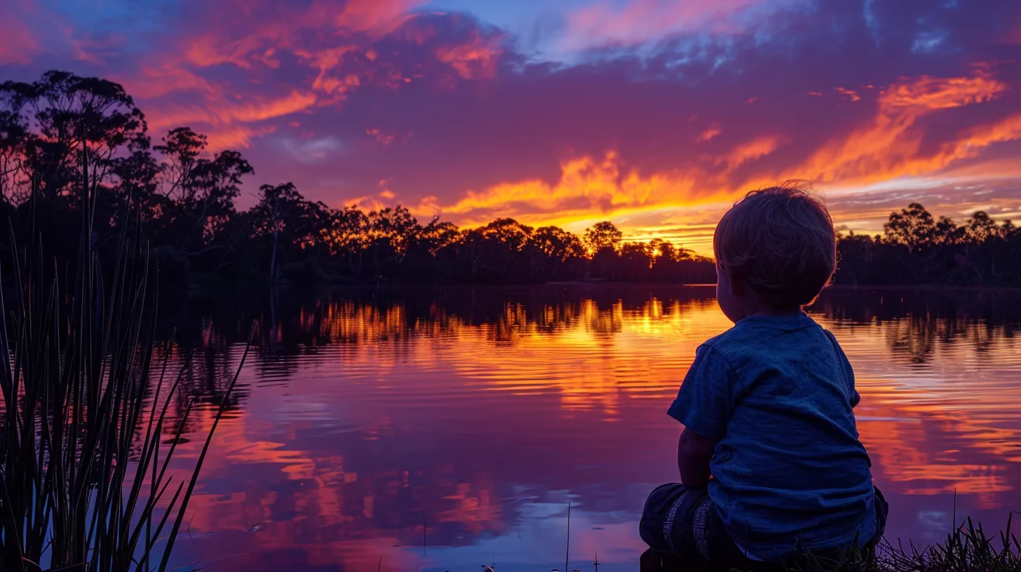 Unique Landscaping for Your Backyard Wall Projects 6 a breathtaking sunset paints the sky in vibrant shades of orange and purple over a tranquil lake, reflecting the stunning colors while silhouetted trees create a serene foreground.