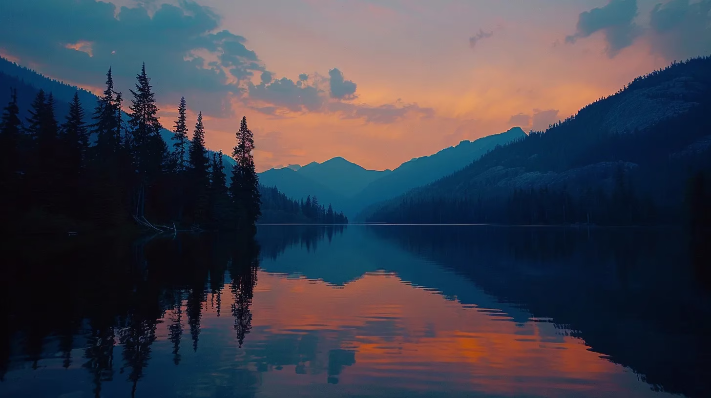 Unique Indoor Waterfall Design to Refresh Your Decor 6 a breathtaking view of a serene mountain lake at sunrise, reflecting the vibrant hues of pink and gold in the sky, surrounded by towering pine trees and rugged peaks.