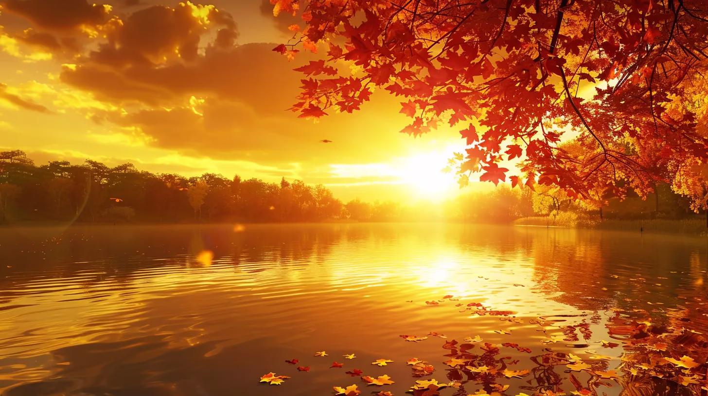 Explore Local Parks With Stunning Fountains Nearby 3 a brilliant sunset casts a warm golden hue over a serene lake, with vibrant autumn leaves reflecting on the tranquil water's surface.