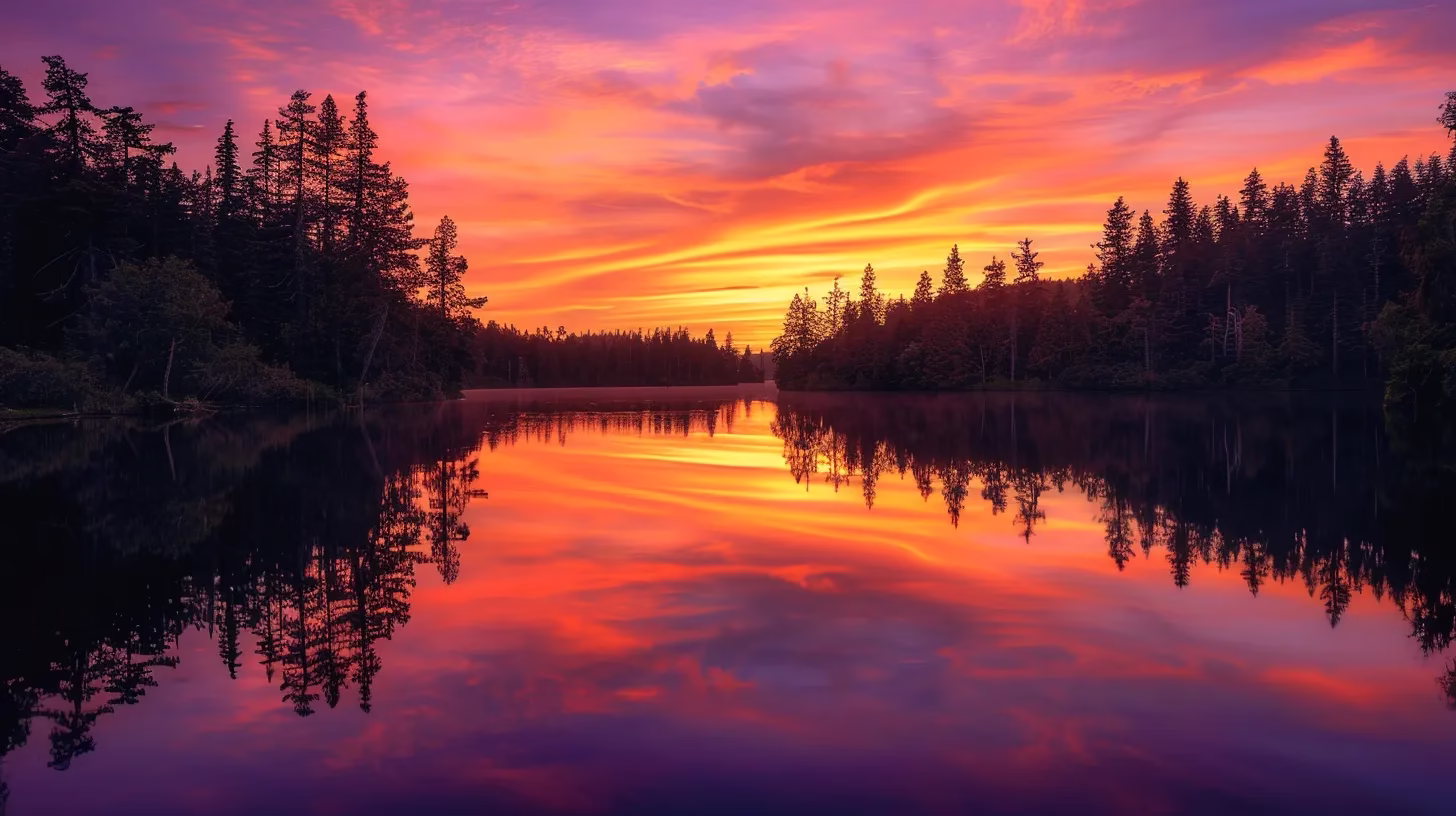 Ways to Brighten Up Your Small Wall Spaces 1 a brilliant sunset casts vibrant oranges and purples across a serene lake, with silhouetted trees framing the horizon, evoking a sense of tranquility and wonder.