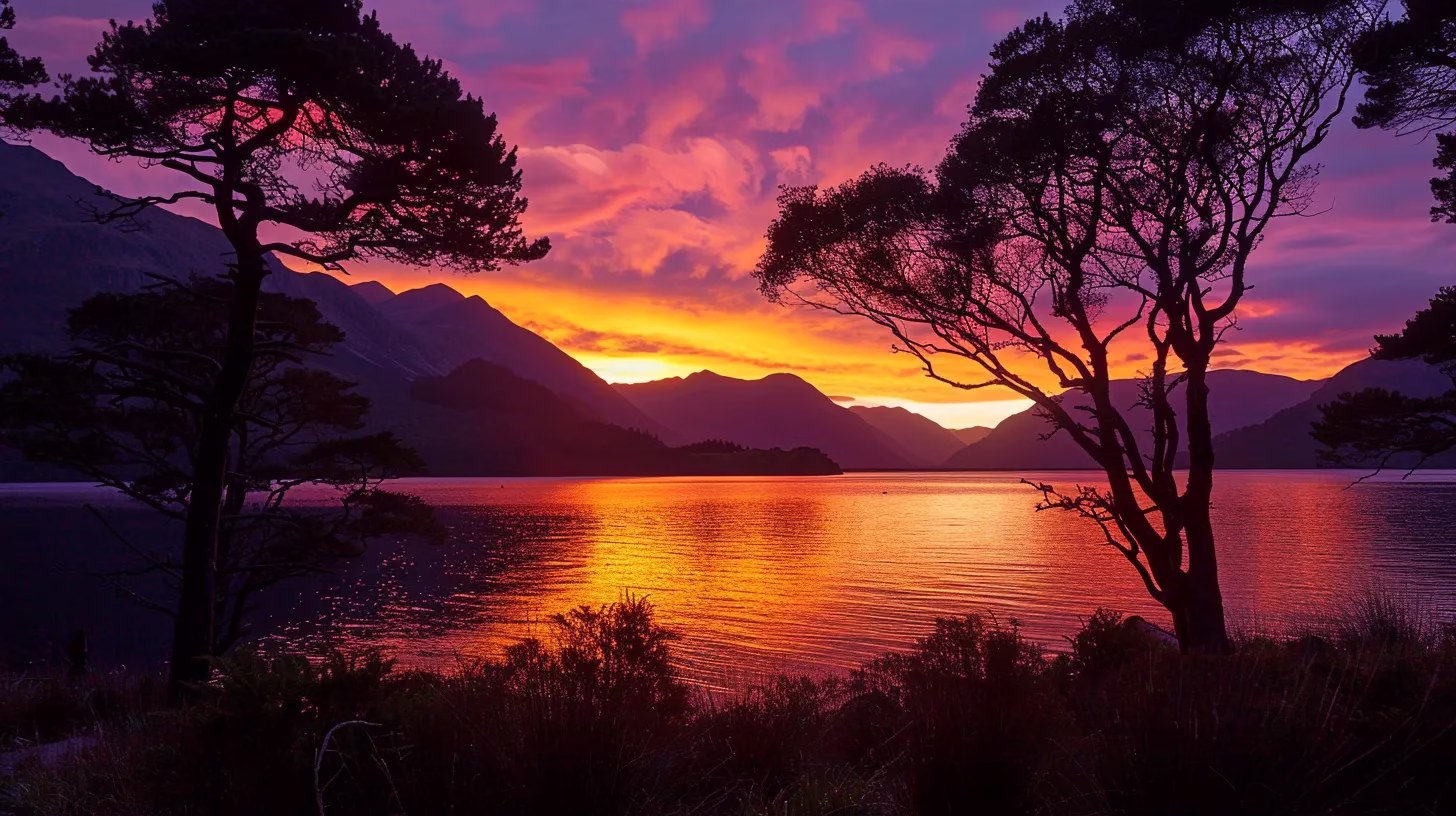 Creating Harmony With Modern Water Elements 5 a captivating sunset over a tranquil lake, with vibrant oranges and purples reflecting on the water's surface, framed by silhouetted trees.