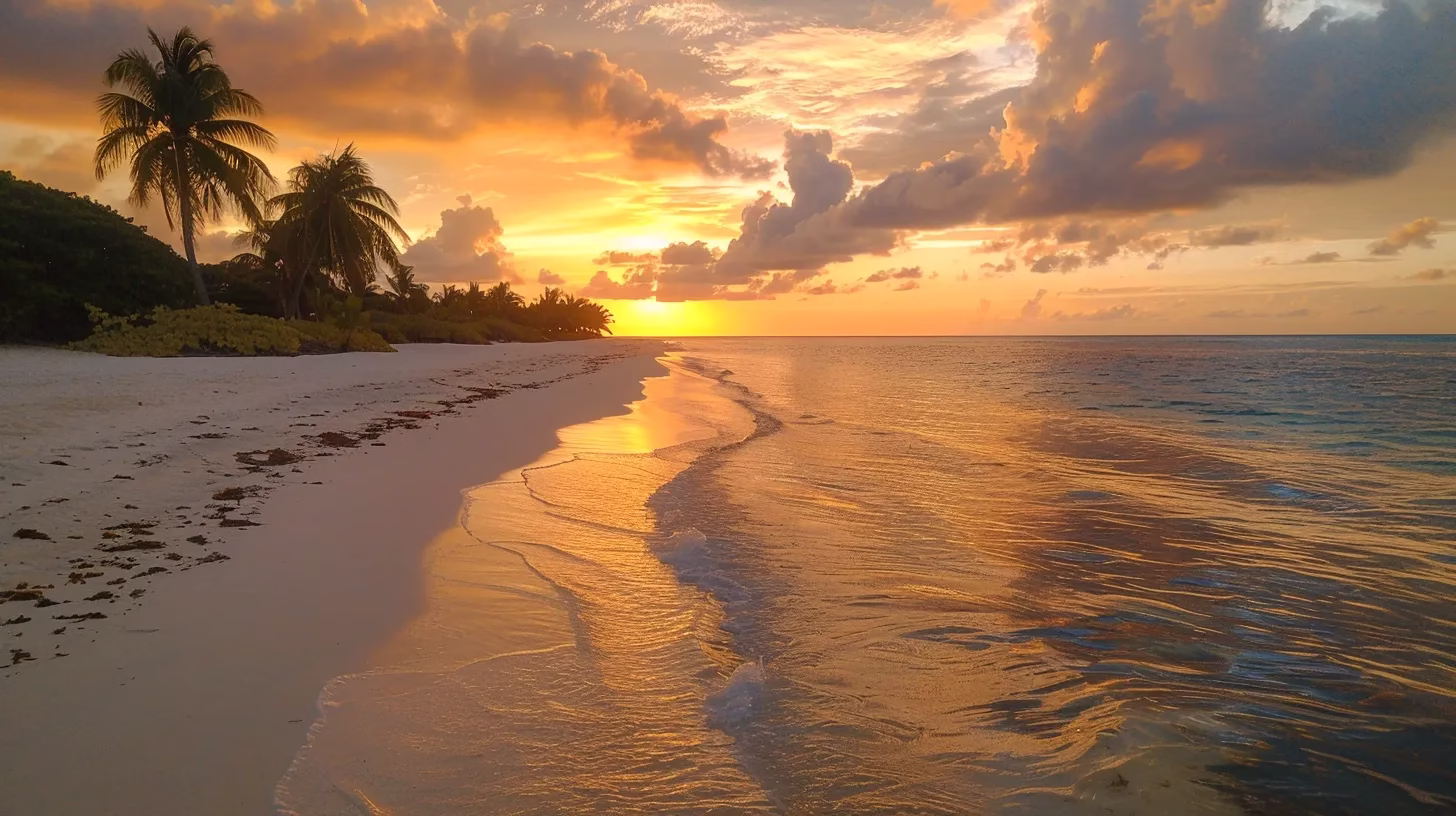 Creating Tranquility: Water Feature Inside Your Home 4 a dramatic sunset bathes a secluded beach in warm golden hues, with gentle waves lapping at the shore and vibrant clouds reflecting a stunning array of colors in the serene sky.