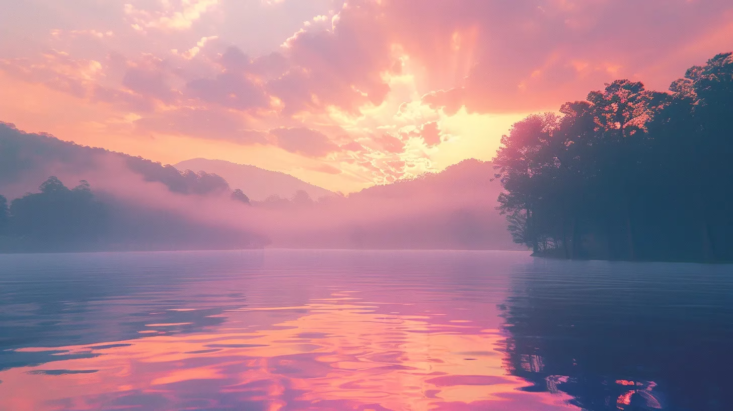 How LED Water Transforms Hydration Experiences 1 a luminous sunrise bathes a tranquil lake surrounded by misty mountains, reflecting vibrant hues of orange and pink in the still water.