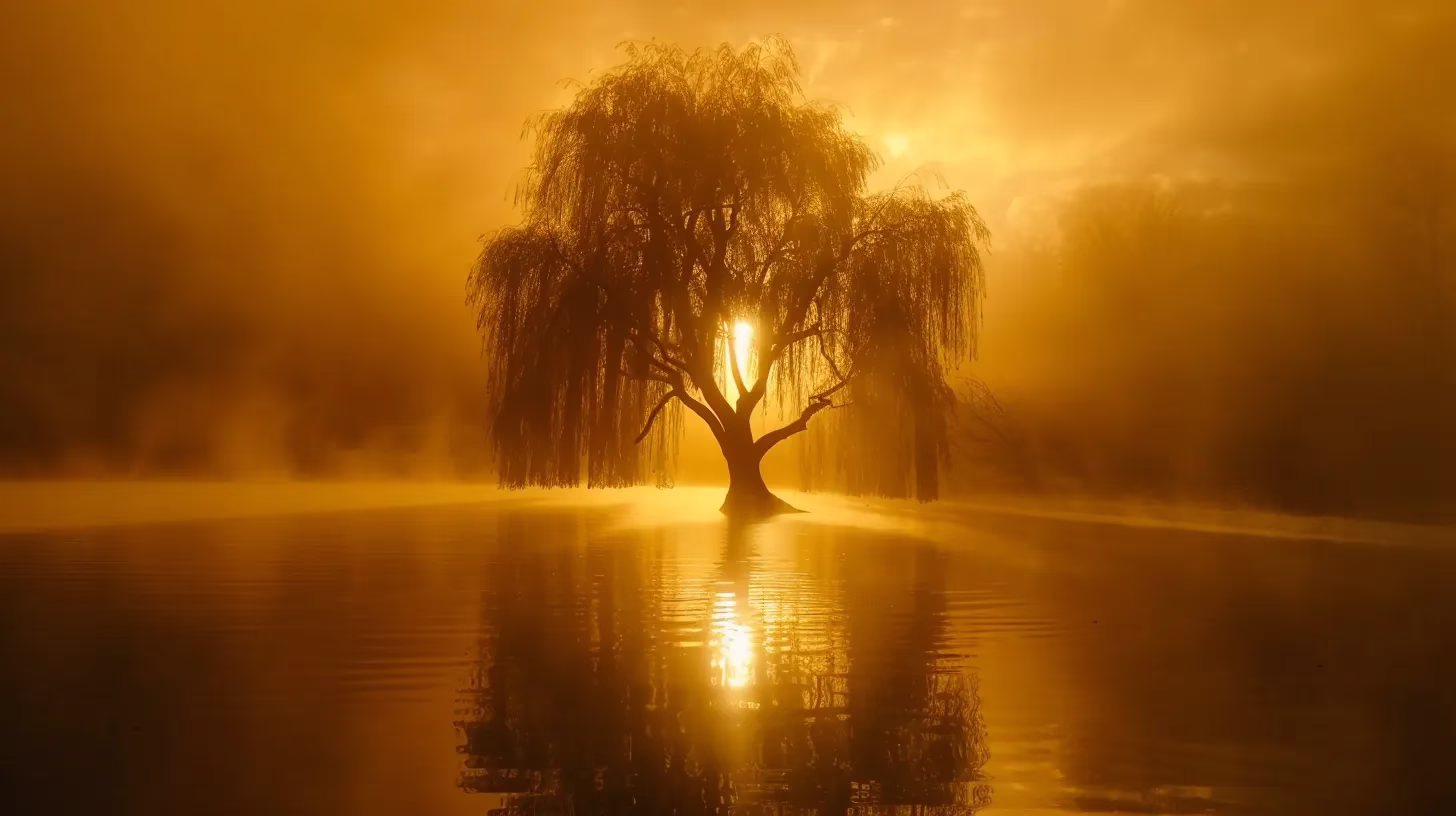 How to Choose the Right Material for Your Exterior Wall 6 a majestic golden sunrise casts ethereal light over a tranquil, misty lake, highlighting the silhouette of a lone willow tree gracefully reflecting in the water.