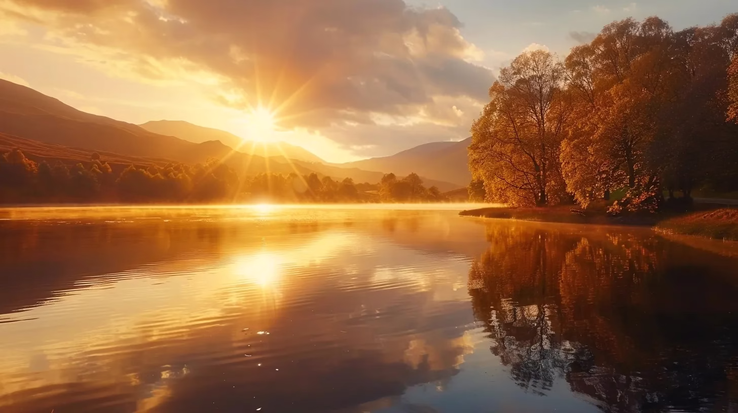 Effective Wall Design Strategies for Ultimate Style 5 a majestic golden sunrise casts a warm glow over a tranquil lake, surrounded by vibrant autumn foliage reflecting beautifully on the still water's surface.