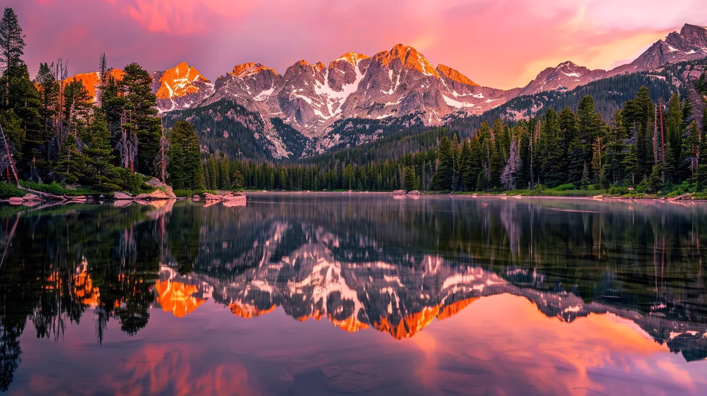 Benefits of Installing a Metal Water Feature Outdoors 3 a majestic mountain landscape bathed in the warm glow of a sunset, with vibrant orange and pink hues reflecting off pristine, snow-capped peaks towering above a tranquil, mirror-like lake.