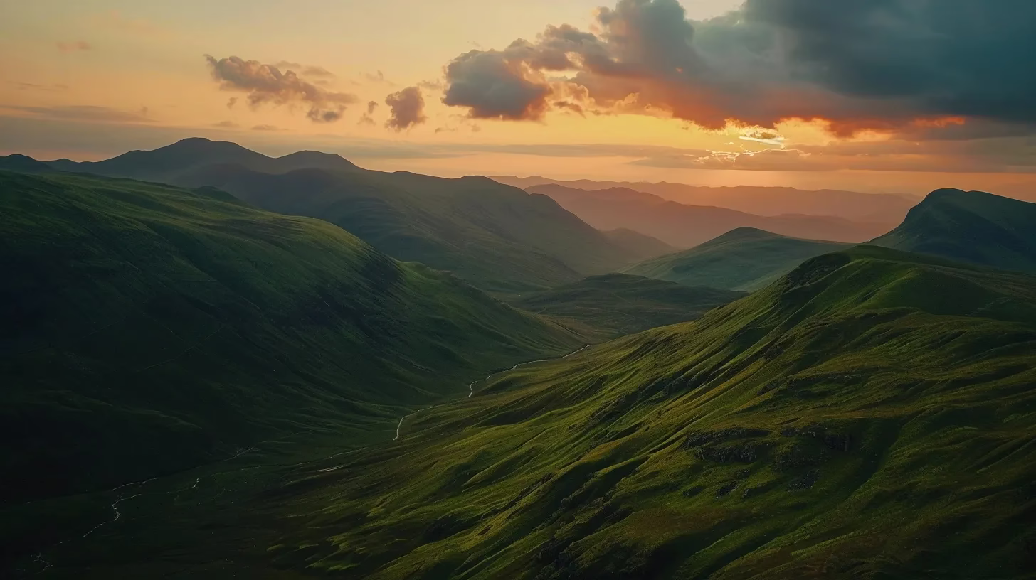 Unique Metal Fountain Ideas for Garden Aesthetics 1 a majestic mountain landscape bathed in the warm hues of a sunset, with dramatic clouds casting shadows over lush green valleys.