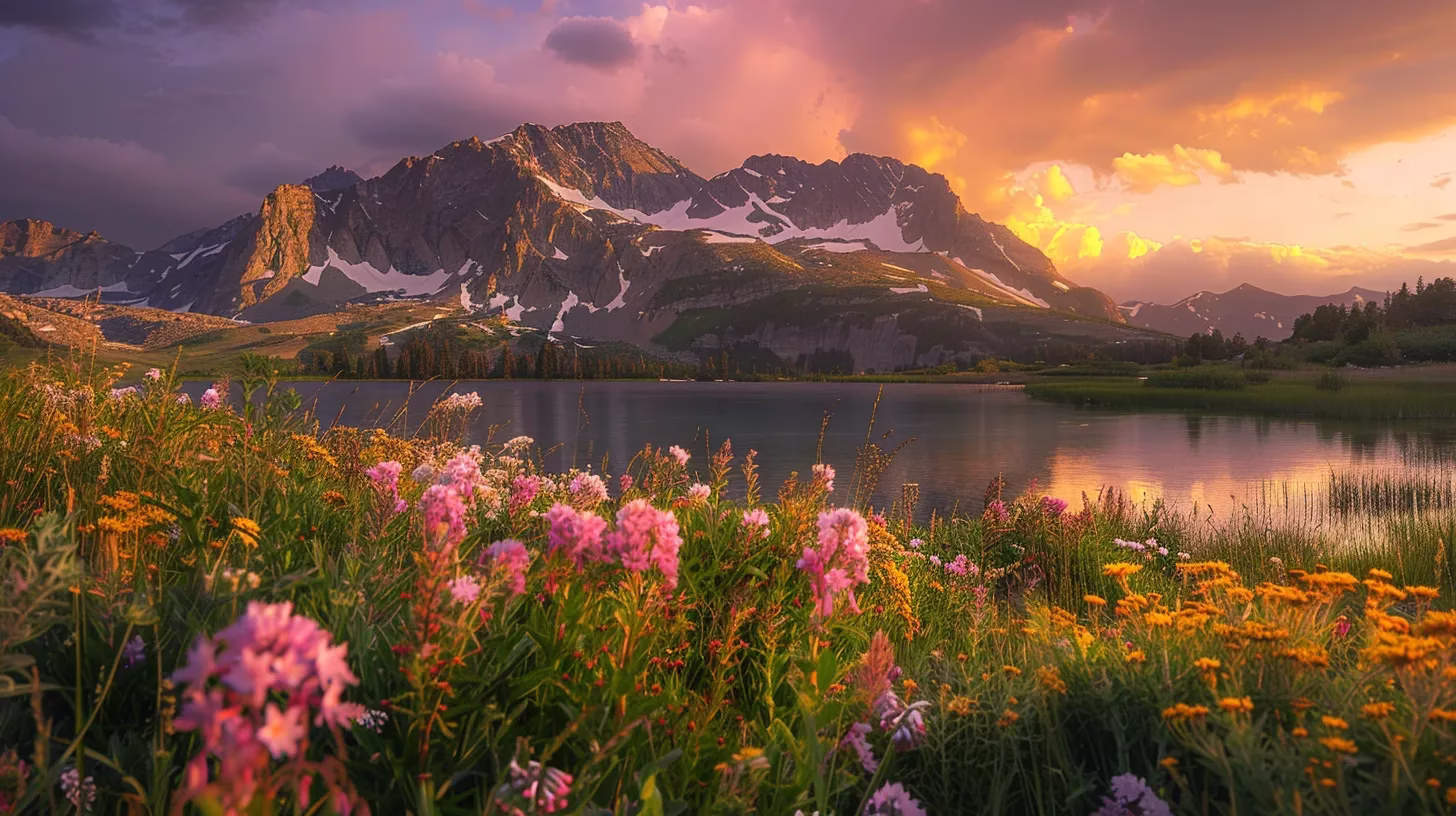 Designing With Interior Water: A Modern Touch 2 a majestic mountain landscape bathed in the golden glow of sunset, with vibrant wildflowers in the foreground and a serene lake reflecting the dramatic peaks above.