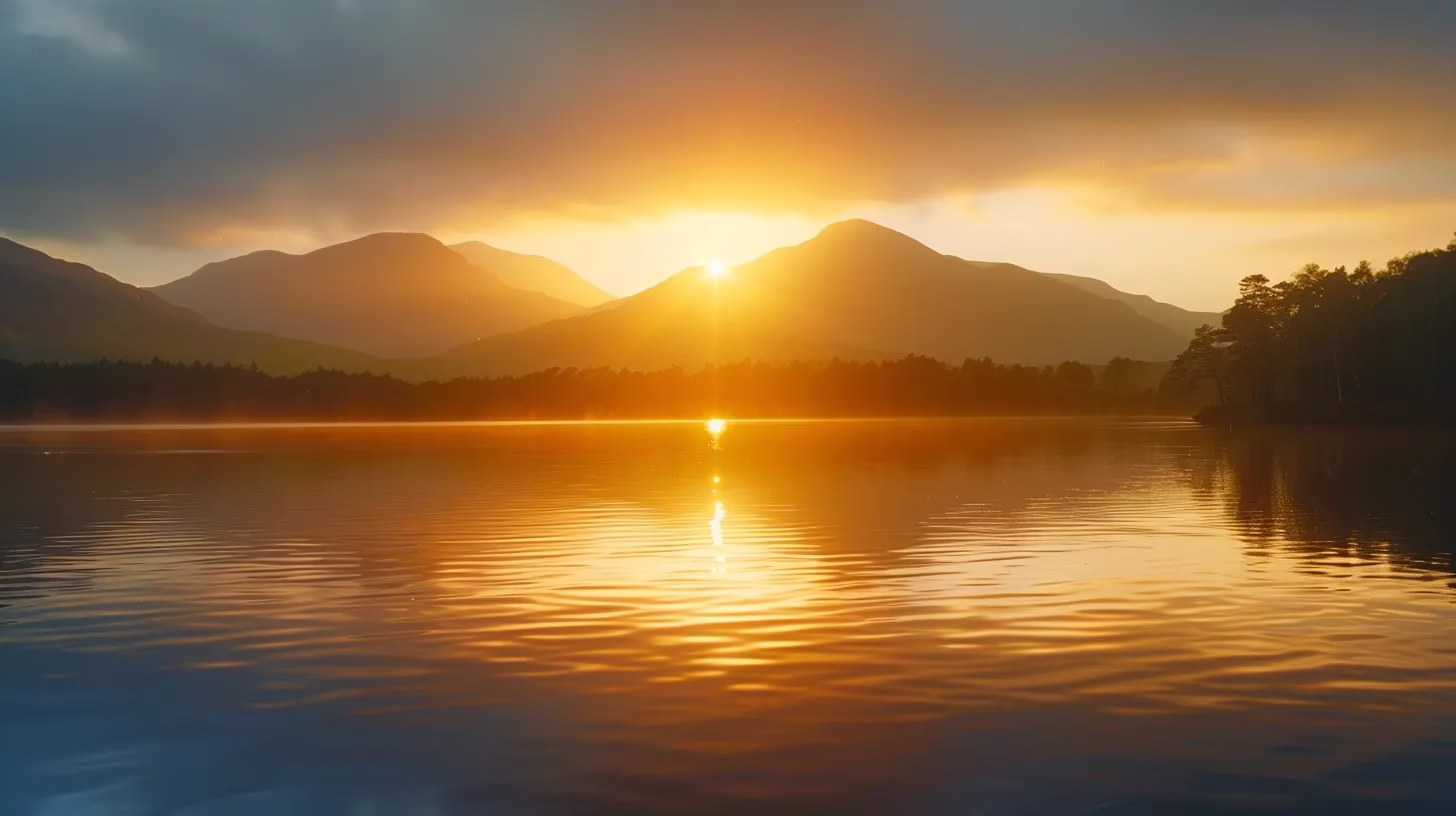 Transform Your Yard With a Stone Water Fountain 6 a majestic mountain range towers under a vibrant sunrise, casting golden light across a tranquil lake that reflects the breathtaking landscape, evoking a sense of peace and grandeur.