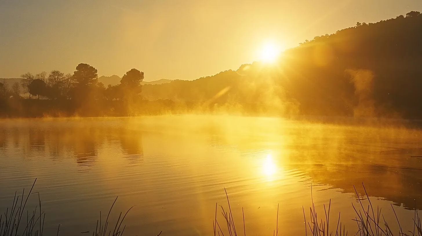Enhance Your Garden With a Cascade Fountain 4 a majestic sunrise bathes a tranquil lake in golden hues, with mist rising from the water's surface and silhouetted mountains standing sentinel in the background.
