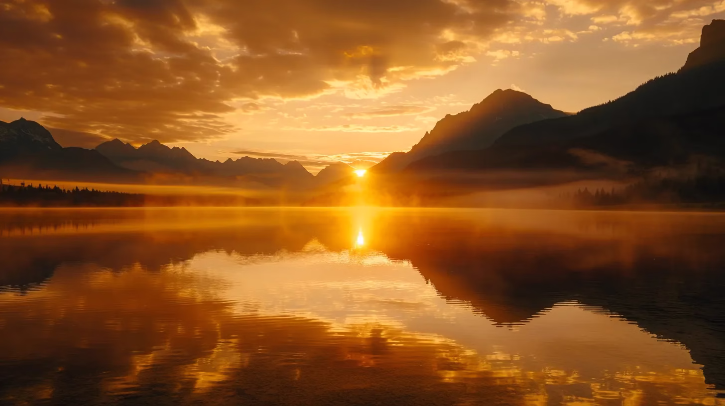 Transform Your Space With Natural Stone Materials 6 a majestic sunrise bathes a tranquil lake in warm golden hues, with mist rising from the water and silhouetted mountains reflecting in the crystal-clear surface.