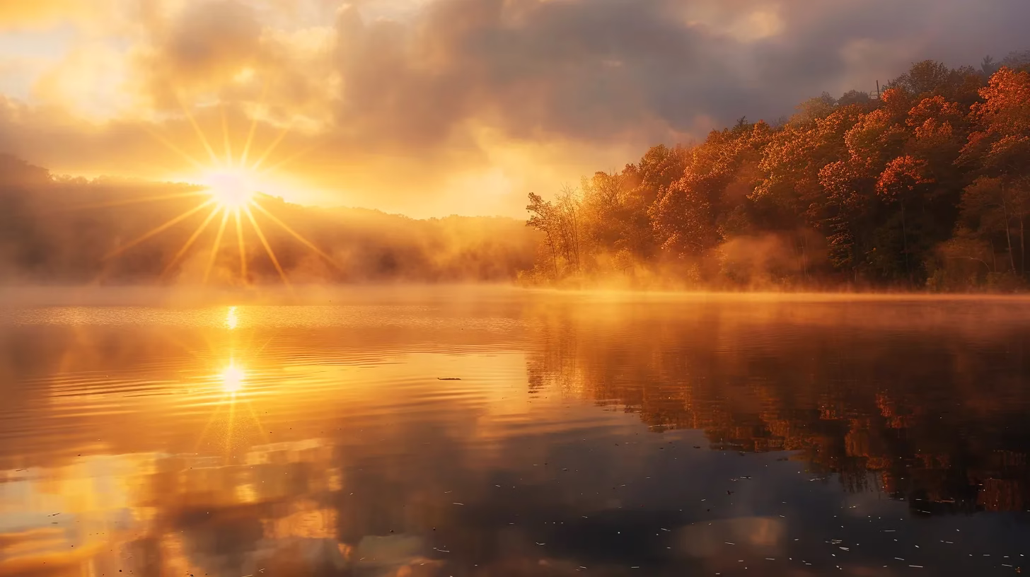 Unique Metal Fountain Ideas for Garden Aesthetics 2 a majestic sunrise casts golden hues over a tranquil lake, where mist rises gently from the water's surface, reflecting vibrant autumn foliage in stunning clarity.