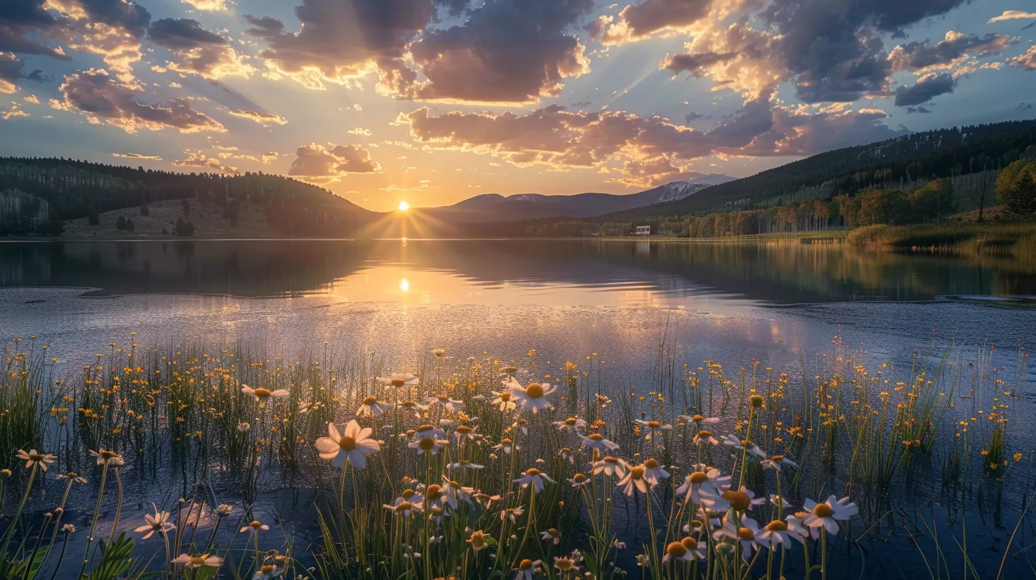 Design a Beautiful DIY Waterfall for Your Backyard 3 a majestic sunset casts a golden glow over a serene lake, where vibrant wildflowers bloom along the shore, reflecting the harmonious beauty of nature in a tranquil setting.