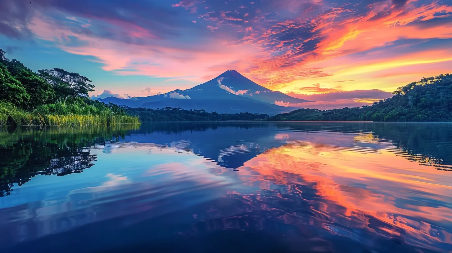 Enhancing Outdoor Serenity With Rain Fountain Designs 4 a majestic sunset casts vibrant hues across a tranquil lake, reflecting the fiery sky and lush, surrounding greenery in a serene, breathtaking panorama.