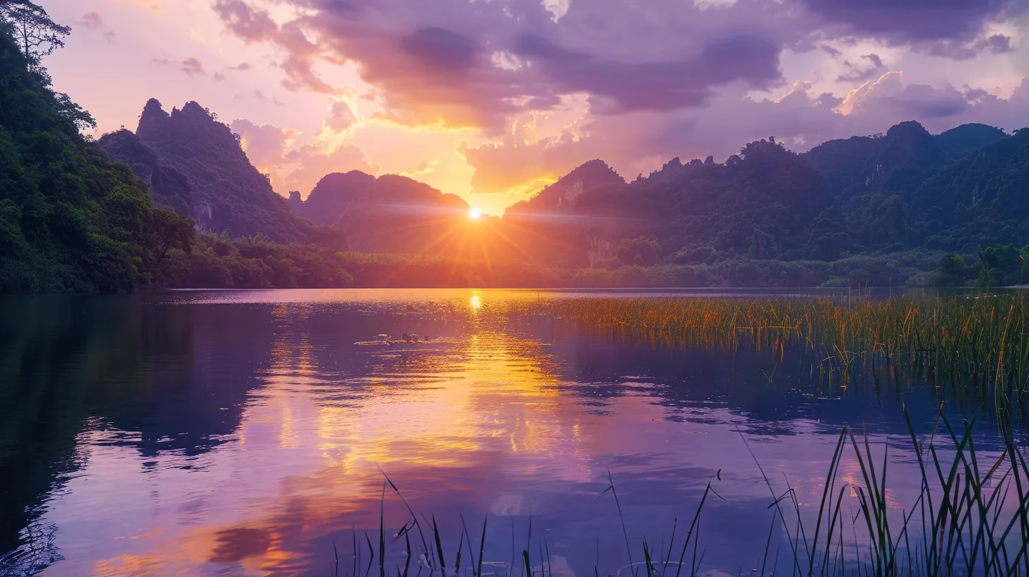 How Wall Water Adds Serenity to Your Surroundings 5 a majestic sunset casts vibrant hues of orange and purple across a tranquil lake, surrounded by lush, verdant mountains reflecting perfectly on the water's surface.