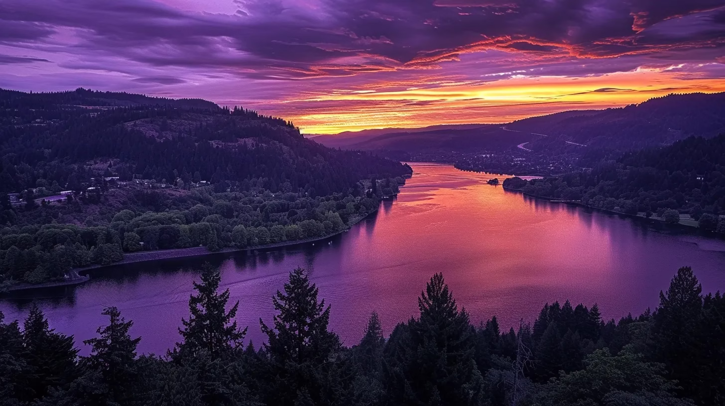 Transform Your Space With Natural Stone Materials 5 a majestic sunset casts vibrant orange and deep purple hues over a serene mountain landscape, reflecting off a tranquil lake surrounded by lush, evergreen trees.