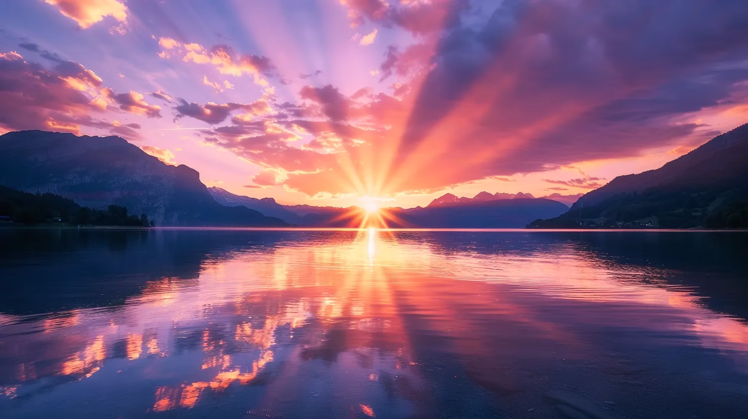 Plan Your Perfect Casino Tour With These Tips 1 a mesmerizing sunrise casts golden rays over a tranquil lake, reflecting vibrant hues of orange and purple amidst a backdrop of serene mountains.