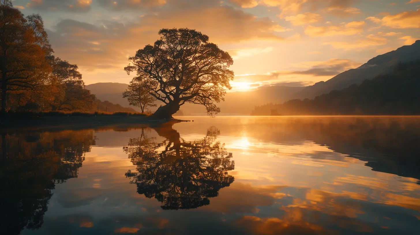 Transform Your Yard With a Beautiful Garden Fountain 5 a mesmerizing sunrise casts golden light over a tranquil lake, where vibrant autumn trees reflect perfectly on the glassy surface, creating a captivating harmony of nature.