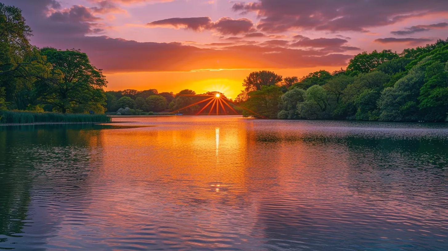 Choosing Materials for Your Perfect Water Fall Wall 1 a mesmerizing sunset casts a warm golden glow over a tranquil lake, reflecting the vibrant hues of orange and pink in the sky, surrounded by lush, emerald green trees.