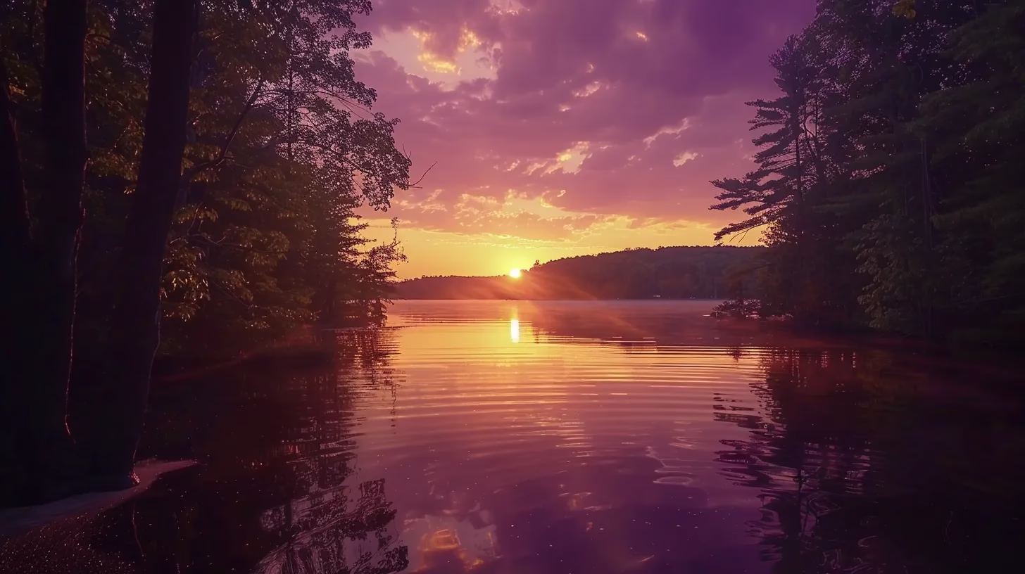 Add Serenity to Your Bedroom With Water Sounds 4 a mesmerizing sunset casts vibrant orange and purple hues across a serene lake, reflecting the tranquil beauty of nature with lush trees framing the scene.