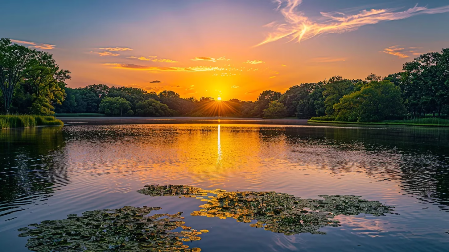 Exploring the Unique Aspects of Water's Composition 4 a mesmerizing sunset casts warm golden hues over a tranquil lake, reflecting the vibrant colors of the sky and surrounded by lush green trees.