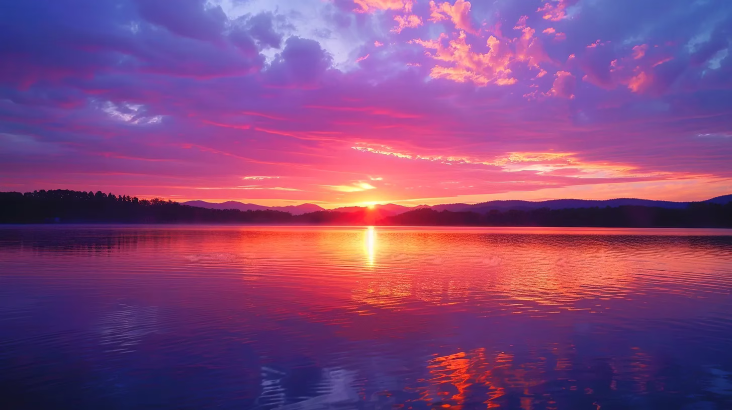 Stylish Garden Decor Options to Reflect Your Personality 1 a mesmerizing sunset over a tranquil lake, with vibrant hues of orange, pink, and purple reflecting beautifully on the water's surface, creating a sense of serene harmony and natural wonder.