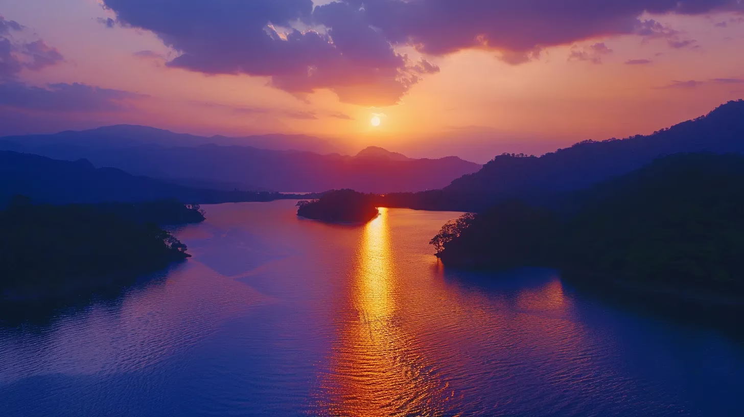 Design a Beautiful DIY Waterfall for Your Backyard 1 a mesmerizing sunset paints the sky with vibrant oranges and purples, reflecting brilliantly on a tranquil lake surrounded by lush, green mountains.