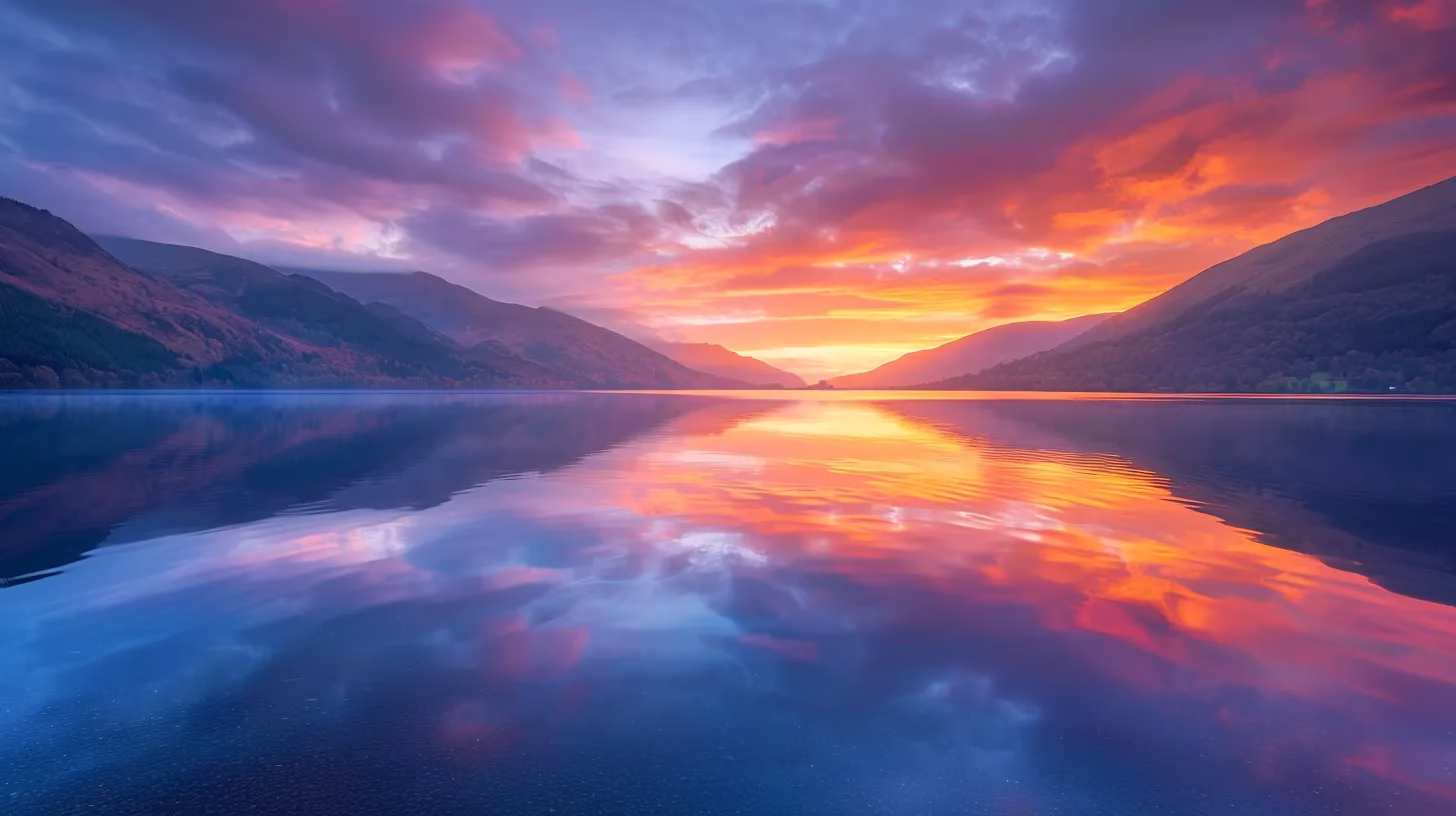 Discover Charming Water Fountains Near Your Location 6 a mesmerizing, vibrant sunset casts brilliant hues of orange and purple over a tranquil lake, reflecting the stunning colors of the sky in perfect symmetry.