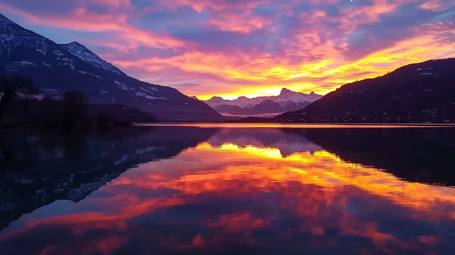 Add Serenity to Your Bedroom With Water Sounds 5 a panoramic view of a vibrant sunset casting golden hues over a tranquil lake, reflecting the radiance of the sky in rippling waters.