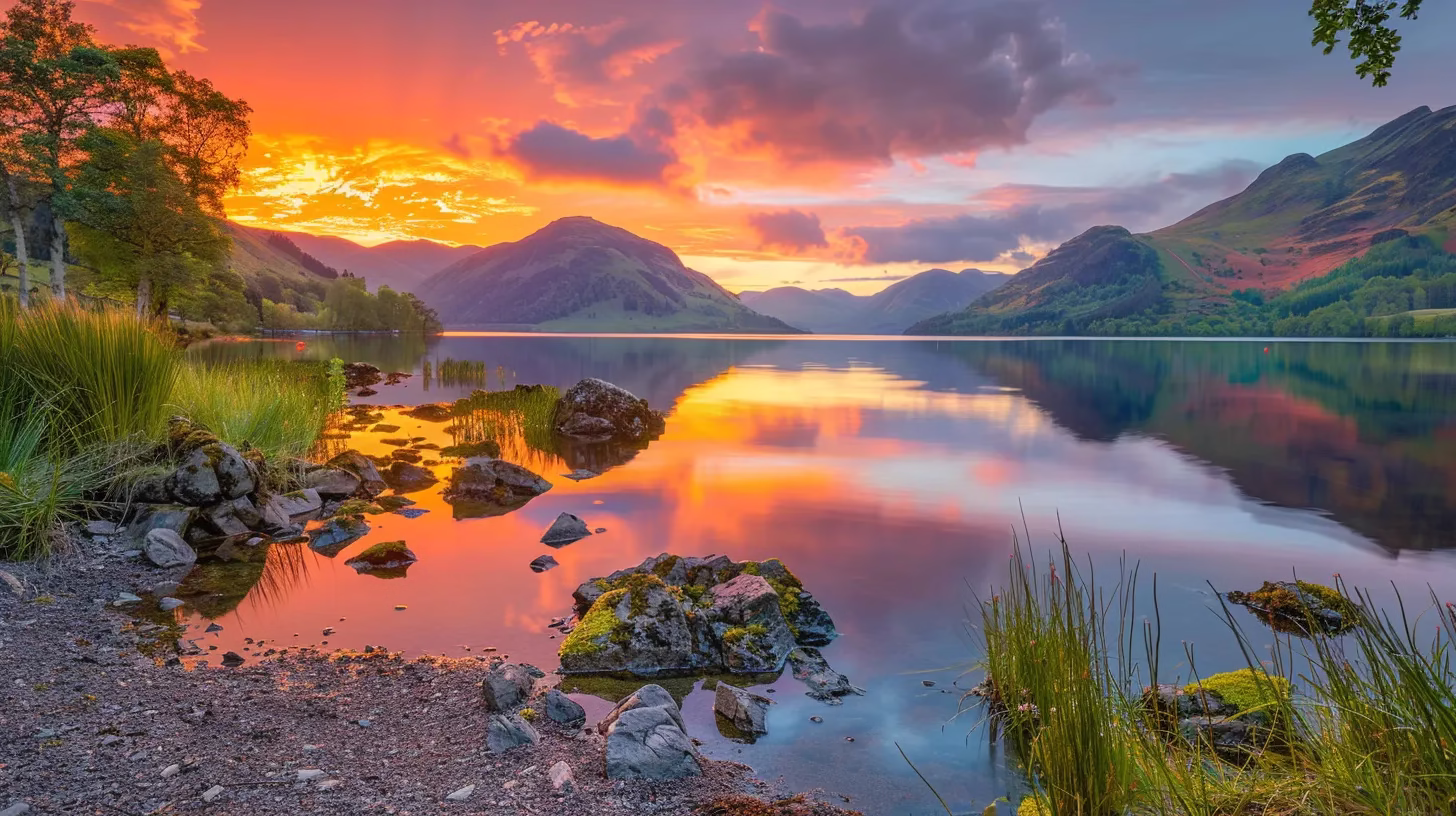 The Art of Building a Natural Rock Wall 5 a panoramic view of a vibrant sunset over a tranquil lake, where the fiery hues of orange and pink reflect off the glassy water, creating a serene atmosphere filled with natural beauty.